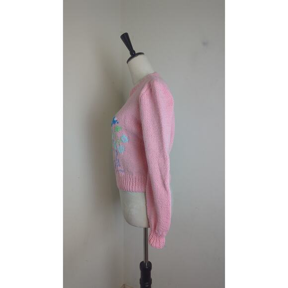 Vintage Cropped Hand Knit Sweater Balloon Sleeves Floral Design Women's Small - Picture 4 of 8